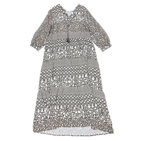 J MCLAUGHLIN Hortense Cottagecore Tiered Midi Dress Black Cream Boho Print XL - Picture 1 of 6